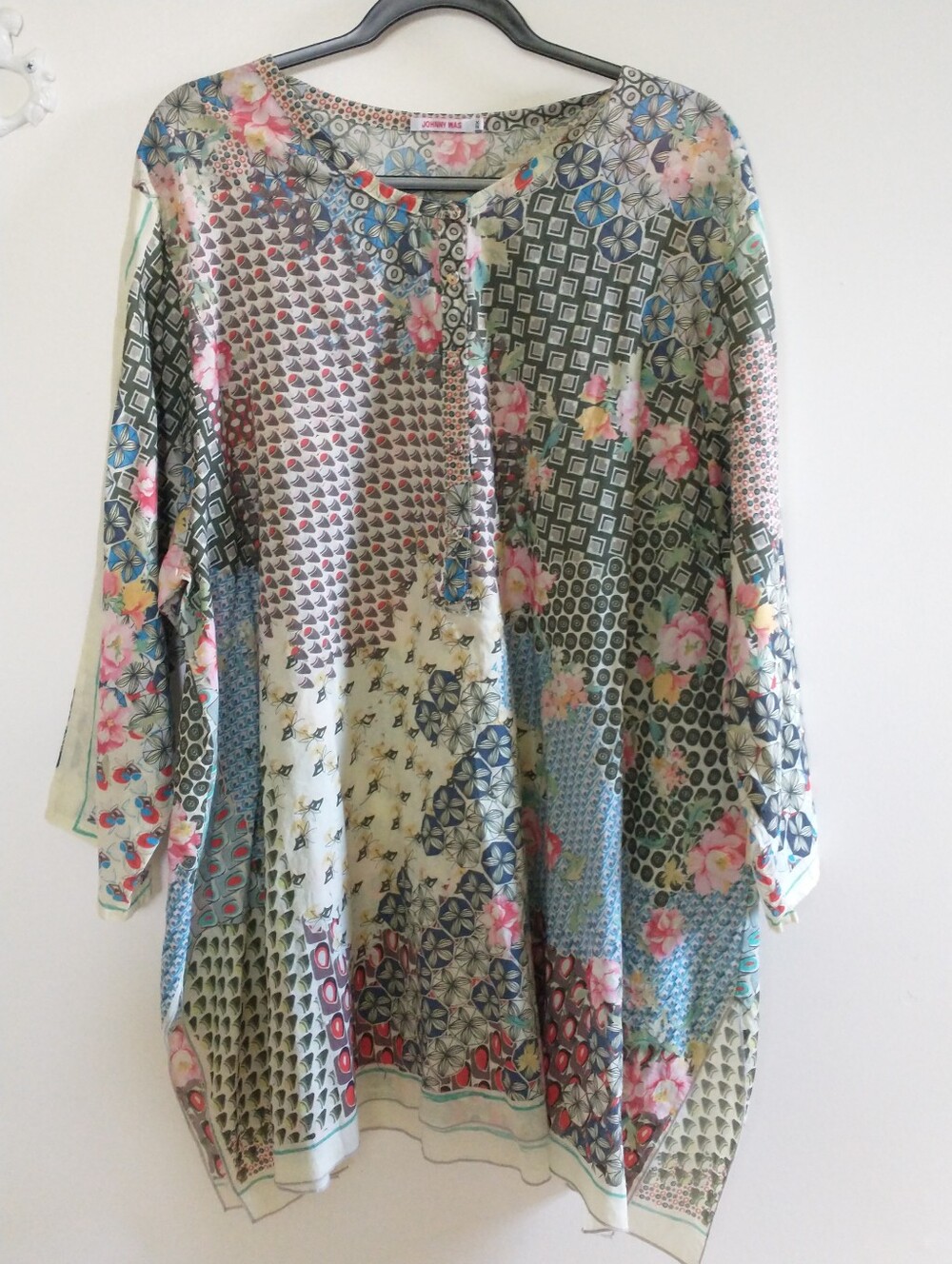 Johnny Was Multi-Color Floral & Geometric Patchwork Henley Tunic 2X